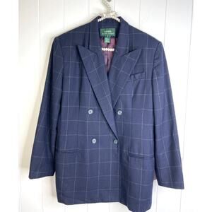 Lauren Ralph Lauren Long Line Navy Plaid Double Brested Wool‎ Lined Blazer SZ 12